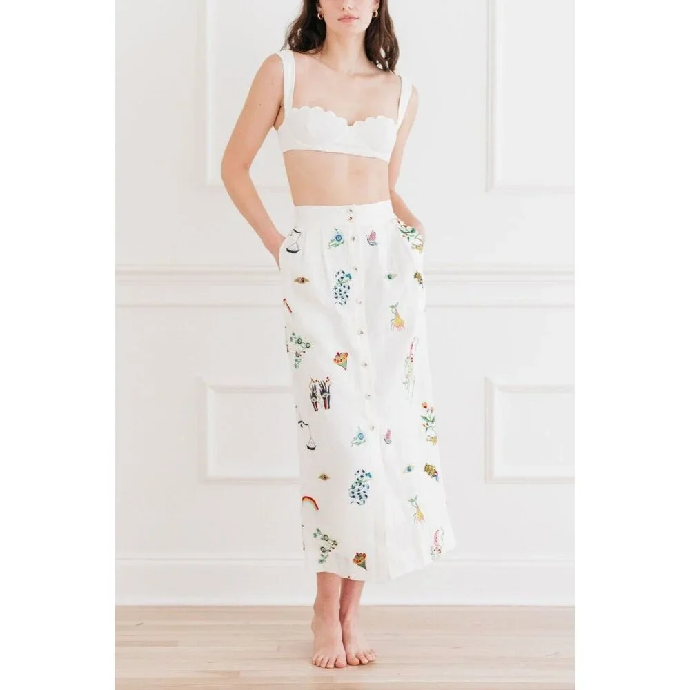 NWD Alemais Atticus Graphic Embroidery Linen Midi Skirt Size 6